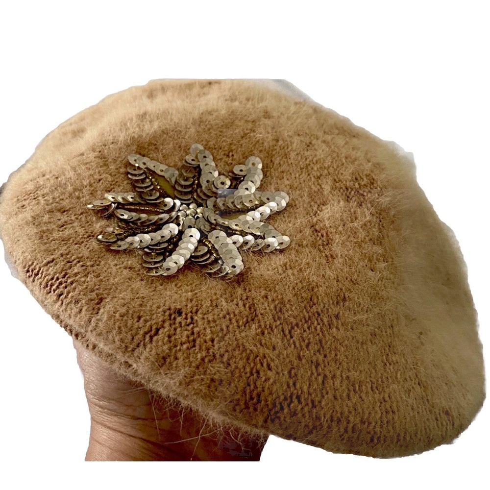 NWT Chic Women's DNY Angora beret w sequins camel Tan vogue 1950's glam poetcore
